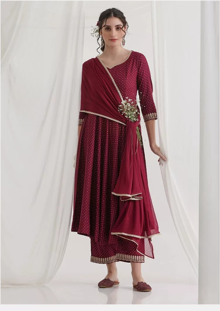 Summer Clothing India - Женский бордовый этнический комплект курты с